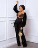 Bleu Royal Noir Sparkly Soirée Combinaison Robes À Manches Longues Plus La Taille Africaine Dentelle Paillettes Aso Ebi Prom Pantalon Costume koftan doubai robes de soirée￩e