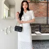Moda Lato Koreańskie Kobiety Koronki 2 Sztuk Zestaw Białe Koszulki Topy + Split Sheath Bodycon Spódnice Zestawy 210531