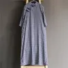 Johnature Women Stand Plaid Dress Button Summer Cotton Linen Vintage Cheongsam Women Cloths Button Shirt Dresses 210521