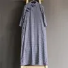 Johnature Women Stand Plaid Dress Button Summer Cotton Linen Vintage Cheongsam Women Cloth Button Shirt Abiti 210521