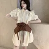 Moda mulheres camisa vestido verão coreano manga curta senhora chique babados mini vestidos vestidos com cinto 210518