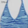 FSDA 2021 Robe tricotée à col en V Moulante Bleu Femmes Halter Cou Dos Nu Bandage Été Plage Sans Manches Sexy Mini Robes Y2K X0521