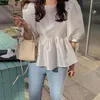 Korean Vintage Puff Sleeve Pink Tops Pleated White Blouse Women Plus Size Loose Summer Shirt O Neck Casual Blouses 13551 210512