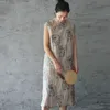 Johnature mujeres estilo chino retro impresión stand botón algodón vestido de lino verano simple cómodo vestido de moda 210521