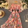 Women Ruffles Kleid Boho Dress Summer Off Shoulder Slim High Waist Vintage Floral Print Dresses Sexy Ladies Beach Long Robe 210525