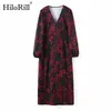 Women V Neck Vintage Midi Dress Floral Print Casual Straight Ladies Lantern Long Sleeve Chic es Robe Femme 210508