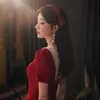 Etnische kleding Backless Pearl Chinese Jurk Bowknot Puff Sleeve Cheongsam Retro V-hals Kant Collar Qipao Bourgondië Sexy Banket Robe de Soir