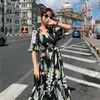 Women Chiffon Dress Summer Fashion Female Short Sleeve V-neck Floral Print Casual Dresses Vintage A-line Boho Vestidos 210423