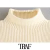 Traf Women Fashion z podkładkami na ramię przycięty dzianinowy sweter vintage wysoki rękaw na szyi żeńskie pullover eleganckie topy 210415