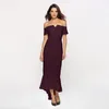 Puple Élégant Hors Épaule Fishtail Robe À Manches Courtes À Volants Maxi Robes Femmes Serré Wrap Femme Bobe Sexy Party Longue Robes 210507