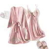 Marinblå 2pcs robe set kvinnor spets hem kläder intima underkläder satin casual nightgown sleepwear sexiga nattkläder sömn kostym kvinnor