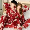 Zomer zijde satijn pyjama set vrouw gedrukt lange mouw nachtkleding pijamas pak vrouwelijke slaap twee stuk loungewear plus size 210830