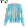 TRAF Женская мода Argyle Pattern Свободные вязаные свитер Винтаж V-образные съемные рукава женские пуловеры шикарные вершины 210415