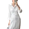 Korobov Vintage Elegant White Silk Dress Korean Turn-Down Collar Long Sleeve Lacing Slim Dresses Spring Autumn Robe Femme 210430