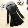 Leather Jacket Plus Size 4XL Women Faux Fur Collar Long Black Red Coat Winter Causal Thick Warm Belt Clothing 210423