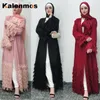 Dubai Open Abaya Muzułmańska Sukienka Hidżab Kobiety Lace-Up Pluszowy Tassel Kimono Jubah Kaftan Odzież islamski Caftan Musulman Długie Szata Przypadkowe sukienki