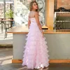 Darmowe Kobiety Lato Różowa Puffy Długa Dress Sexy Spaghetti Pasek Bez Rękawów Laminowany Ruffle Club Runway Vestido 210524