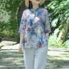 summer imitation cotton linen Chinese style disc button printing stand-up collar large size loose ethnic blouse retro shirt 210526