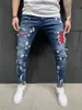 Męskie pikowane haftowane dżinsy Skinny Ripped Grid Casual Slim Stretch Denim Spodnie Patchwork Spodnie jogging S-3XL 211108