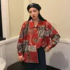 Vintage Blouse Womens Toppar och s Röd Långärmad Skriv ut Skjorta Femme Spring Mode Kläder 210427