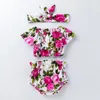 Детская одежда наборы одежды для девочек цветок роза печать наряды младенческой малышей рюшами от плеч на плечо + цветочные шорты PP + оголовье 3 шт. / комплект Летняя мода детская одежда
