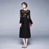 ファッションデザイナー滑走路黒ロングドレス女性フレアスリーブ花刺繍エレガントパーティードレスvestidos 210520