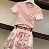 Zweiteiliges Kleid Frauen Print Rose Set 2021 Frühling Sommer Mode Verband Kreuz Baumwolle Blusen Tops und lange Midi A-Linie Röcke Anzug