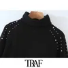 Mulheres moda rebites apliques de malha suéter vintage alto pescoço manga comprida fêmea fêmea chique tops 210507