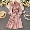 SINGREINY Women Korean Bow Sashes Dress Turn Down Collar Puff Sleeve Vacation A Line Dress Autumn Solid Casual Office Lady Dress 210419