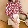 Koreańskie kobiety jedwabne koszulki bluzki kobieta satynowa drukuj z długim rękawem topy plus rozmiar kwiatowy ruffles Top 210427