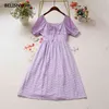 Blanc violet élégant dentelle évider robe mi-longue Vintage col carré Mori fille fête Vestidos décontracté vacances dame 210520