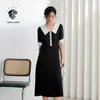 FANSILANEN Office Lady French Pleated Dress Women Summer A-Line Square Collar Long Black Woman 210607