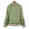 Veste courte en tweed pour femmes de haute qualité gratuite printemps frangé col en v à manches longues perle bouton mince manteau vert 210524