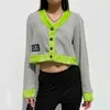 Fourrure Patched Knit Y2K Button-Down Cardigan à manches longues Pull pour femme Dames Femme Automne Hiver Mode Crop Top Jumper 210415