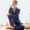 Automne femmes vêtements de nuit fausse soie Satin pyjamas ensemble à manches longues costume femme Homewear rose hiver pyjamas 210514