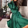 Casual Dresses Sexy V-neck Satin Dress Women A-line Mini Autumn Lantern Sleeve Big Swing Short Party Vestidos De Fiesta