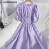 Kimutomo Élégant Solide Robes Filles Doux Printemps Été Mode Coréenne Femme O-cou À Manches Courtes Bouffantes Taille Mince Robe 210521