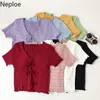 Neploe Cropped Gestrickte Frauen Shirts Sommer V-ausschnitt Kurzarm T-shirts Strickjacke Koreanische Spitze-up Rüschen T-shirt Tops Weibliche 210422