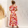 BOHOプリントVネックフリル半袖ドレス女性カジュアルストリートウェアビーチルースビッグスイング包帯パーティーエレガントなロングドレス210608