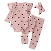 Set di abbigliamento Stampa a cuore Completi per neonate Toddler Born Kids Manica lunga Ruffle Pagliaccetto + Pantaloni + Fasce Set di vestiti Vetement Bebes Fille