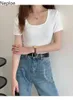 Neploe Sommer Frau T-shirts Quadrat Kragen Kurzarm T-stücke Koreanische Fahsion Baumwolle Hemd Slim Fit Dünne Weiße Tops Weibliche 210422