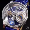 손목 시계 쿼츠 쿼츠 실버 맨 시계 활주로 유럽 디자이너 블루 가죽 투르 빌리온 사파이어 볼 유리 다이아몬드