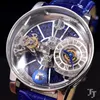 Orologi da polso Quarzo Orologio da uomo in argento Runway Designer europeo Pelle blu Tourbillion Sapphire Ball Glass Diamond