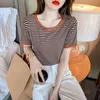 Yaz Retro Gevşek Şerit Kadın O-Boyun T-Shirt Tops Kore Moda T Gömlek Kadın Giyim Tees Y2K Tops 210507