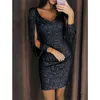 Fashion Sexy Women Sequin Tassels Dresses Casual Party Club Mini Dress Black Silver Rose Gold Lounge Solid Color