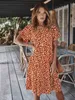 Dames Dots Print Midi Jurk Zomer O Neck Ruches Korte Mouw Losse Bohemen Jurken Casual Beach Holiday Dames Jurk Vestidos 210507