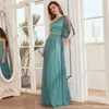 2021 Blue One Shoulder Tulle Bridesmaid Dresses A-line Empire Waist Beading Sash Elegant Long Maid Of Honor Gowns Women Dress For Wedding Party Pretty Robes AL8960