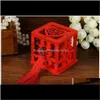 Party Wood Double Happiness Wedding Favor Boxes Candy Box Chinese Red Classical Hollow Sugar Case With Tassel Bc7V4 Ampum