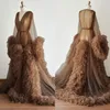 Pregnant Women Brown Evening Dresses Photo Robes Pajam Robe V Neck Long Sleeve Appliques Lace Tulle Gowns Customized Floor Length Bathrobe Mesh Dress