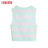 Tangada Women Color Block Striped Cropped Knitted Vest Sweater Vintage O Neck Sleeveless Female Waistcoat Chic Tops BE539 210609